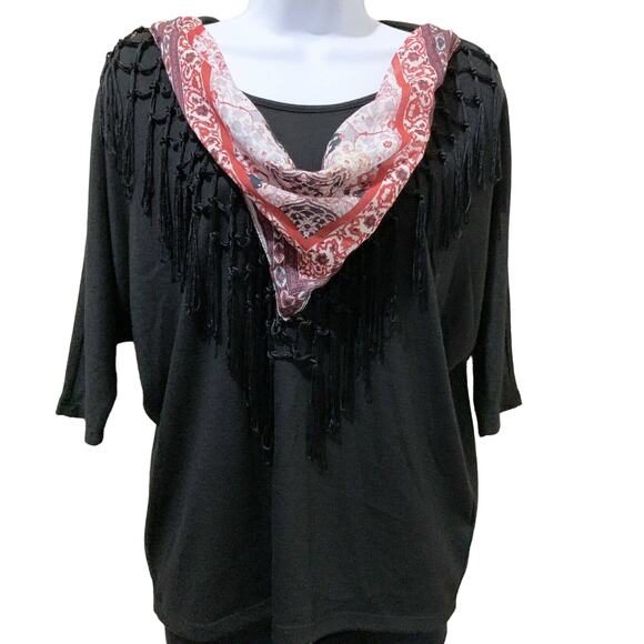 One World Live and Let Live Women's Black‎ Top Sz PS Handkerchief Fringes Boho - Picture 1 of 10